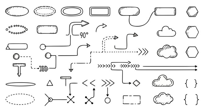 set of hand drawn flowchart elements and infographic arrows outline