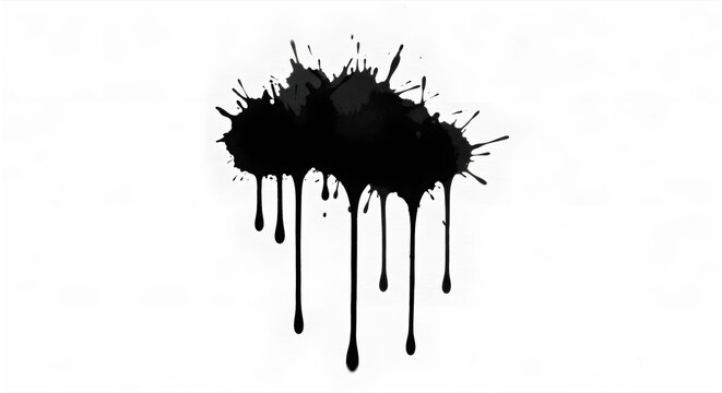 白背景に映える黒いインクの滴りとスプラッター素材 モダンでクールな抽象アート 背景素材