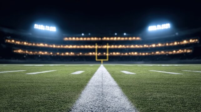 Nighttime American Football Field with Bright Stadium Lights Illuminating Green Turf and Goal Post at Center Stage