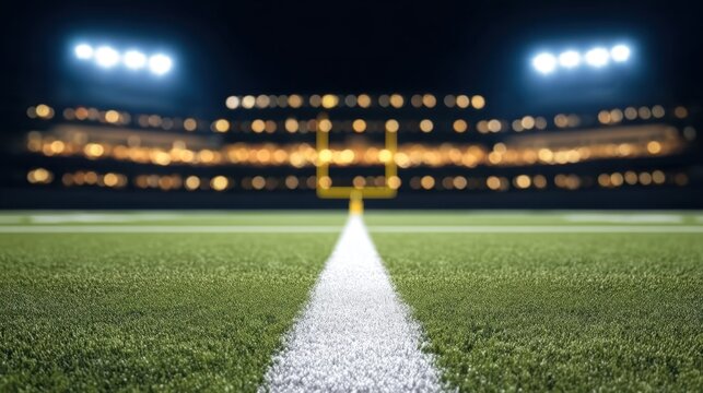 Nighttime View of an American Football Field with Bright Stadium Lights and Focus on the Field Line