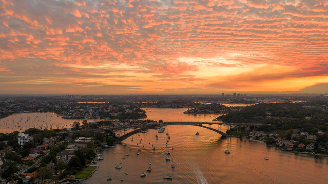 Sunset over the Gladesville Bridge and the Parramatta river, near the Sydney suburb of Drummoyne.