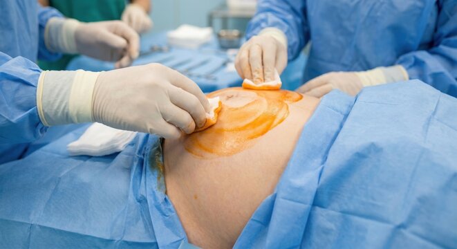 Surgeons prepping pregnant abdomen for C-section