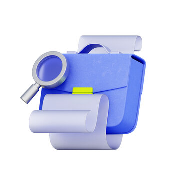3D illustration of briefcase with magnifying glass and document for job search, contract review, business audit, corporate investigation, employment opportunity, and financial analysis.