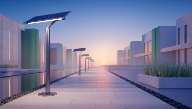Solar street lamps illuminate modern buildings at sunset on a city sidewalk