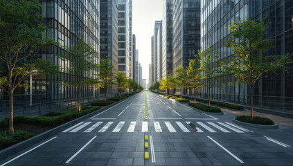 Fototapeta premium Modern urban avenue lined with trees and glass towers at sunrise, calm atmosphere