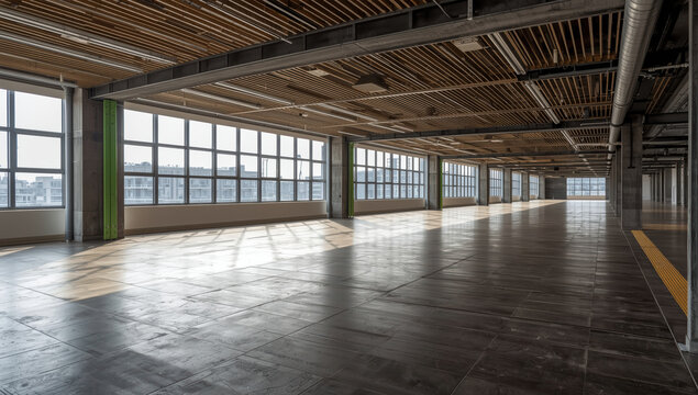 Sunlit industrial loft interior with wide windows and wooden ceiling