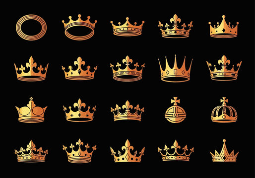 Luxury Gold Crown Icons Set: Collection of Royal King, Queen, and Imperial Symbols, Fleur-de-lis Tiaras, and Noble Emblems for Premium Branding and Elegant Logo Design