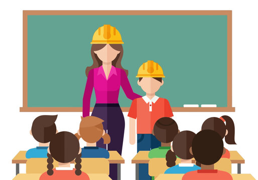 STEM Education and Engineering Lesson in Classroom: Flat Vector Illustration of Teacher and Student Wearing Safety Hard Hats During a School Career Day Presentation.
