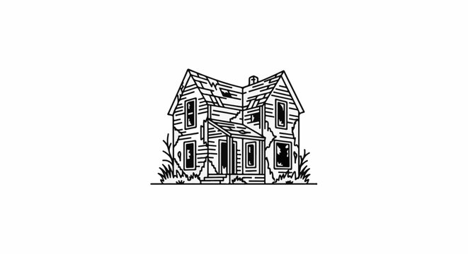 An old, dilapidated house with broken windows and missing roof shingles