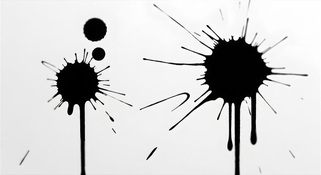 白地に映える黒インクの滴りと飛沫 和風ミニマルな抽象背景 習字 デザイン素材