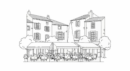 Fototapeta premium An outdoor cafe scene depicts buildings with windows and awnings over tables