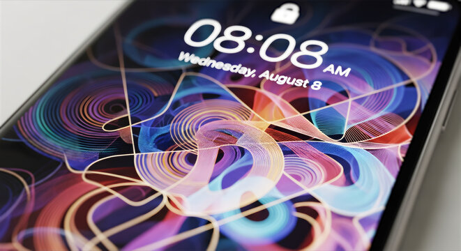 朝の光の中で輝く抽象的な壁紙のスマートフォン画面 08:08の時刻表示 モダンなデジタルライフ