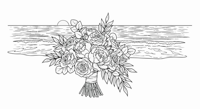 Artistic line drawing of a rose bouquet by the sea at sunset