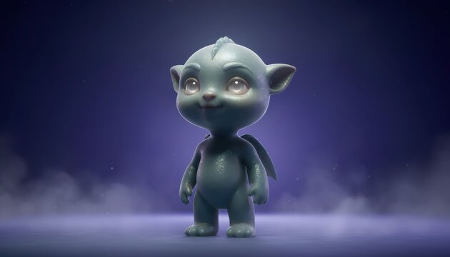 A small gray creature stands on a purple surface with fog in a dark room.