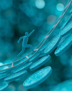 Ambition's Ascent: A miniature figure fearlessly navigates a precarious path of coins, symbolizing the relentless pursuit of prosperity and overcoming financial challenges.