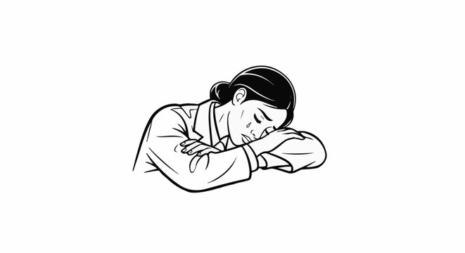 Black and white comic style drawing of a woman with her head down crying