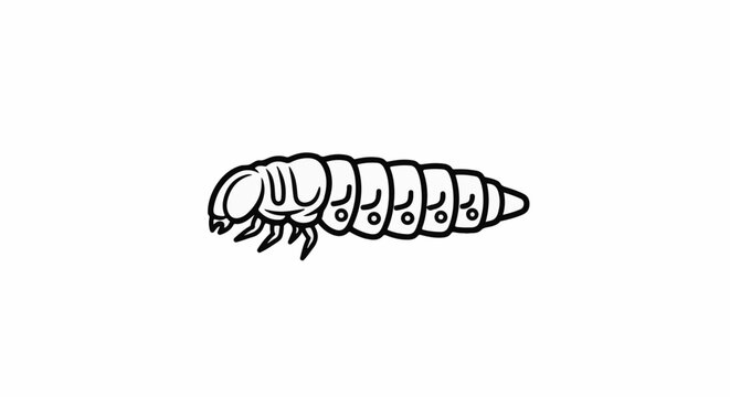 Black and white outline drawing of a segmented insect larva with legs