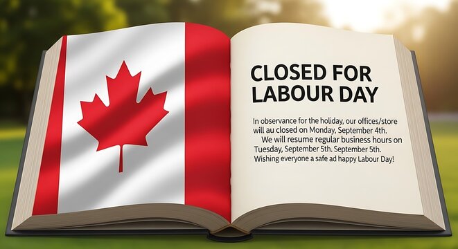 Notice of closure for labour day in canada with canadian flag design