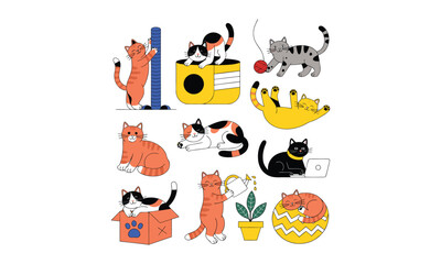 Obraz premium Collection of cute cats in various activities like playing, sleeping, and working at home.