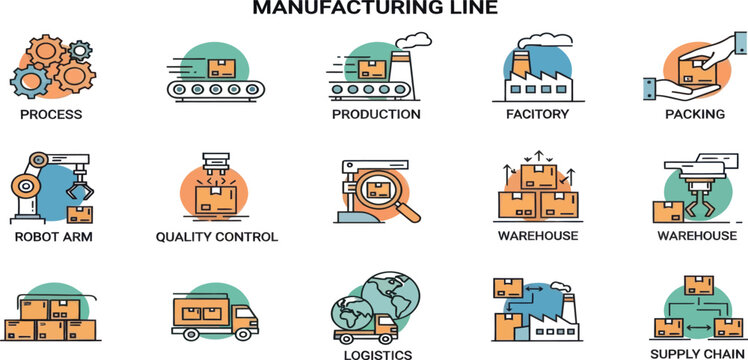 Manufacturing icons, industrial process symbols, factory production line illustrations, logistics and supply chain vector graphics
