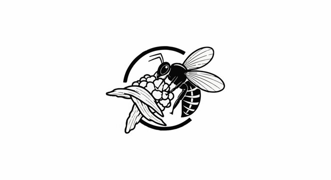 Black and white illustration of a wasp collecting pollen on a flower