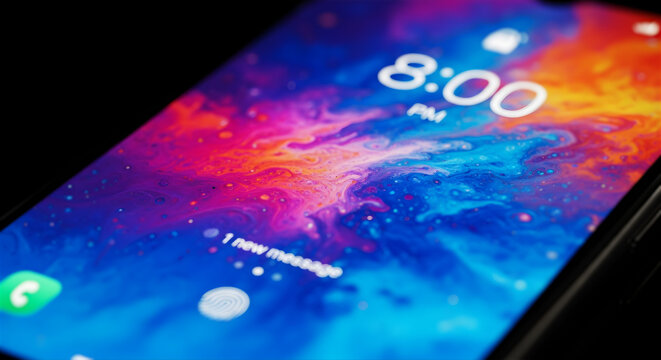暗闇に浮かぶ鮮やかなスマホ画面のクローズアップ 8時の通知とデジタルライフ モダンスタイル