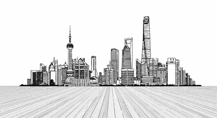 Obraz premium Black and white sketch of a futuristic cityscape with a wide foreground