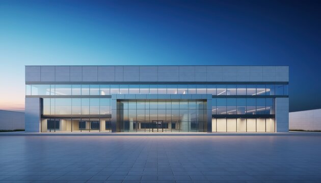 A modern building with a glass facade stands alone in an empty space at dusk.