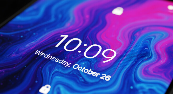 鮮やかな液体抽象背景のスマートフォン ロック画面 10:09 デジタル時計 近未来的 テクノロジー