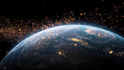 Obraz premium Glowing particle cloud over planet horizon, luminous gold specks, serene cosmic scene