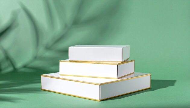 "A minimalist product presentation artwork showing two rectangular white boxes with elegant gold bands around their edges. The boxes rest on a green surface with a light green background, while a fain