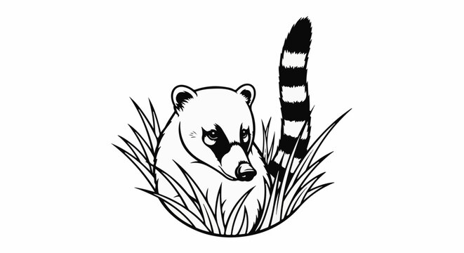 Black and white illustration of a coati peaking out from tall grass