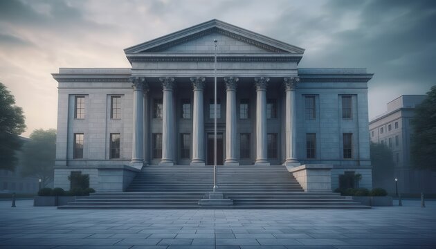 A grand government building stands majestically on a cloudy day with columns and stairs leading to the entrance in the city.