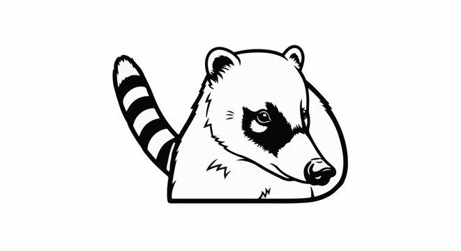 Black and white illustration of a coati with masked face and ringed tail