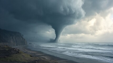Fototapeta premium Dramatic Twister Emerges from Ocean Waves Under Stormy Skies Captured from an Elevated Perspective