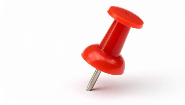 "A minimalist office supply artwork featuring a single red push pin with a metallic pointed tip and a cylindrical plastic head. The push pin is positioned upright against a plain white background, emp