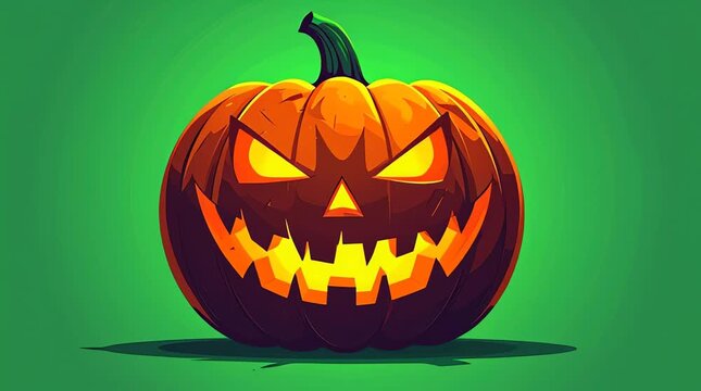 A spooky carved pumpkin with glowing eyes and sharp teeth sits on a green background on Halloween night.