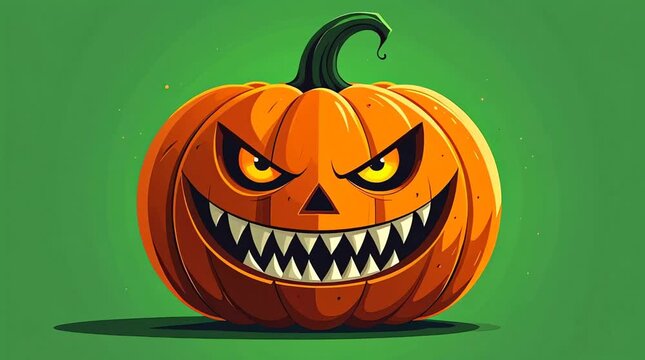 A cartoon jack-o'-lantern with menacing face and sharp teeth glows on green background