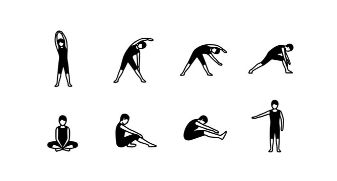 Six stretching exercise icons vector set black and white fitness workout poses minimal design isolated on white