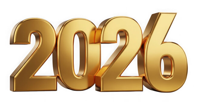 Gold metallic 2026 text isolated on transparent background