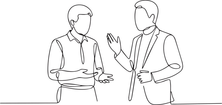 Continuous line drawing of two men talking to each other in a simple style
