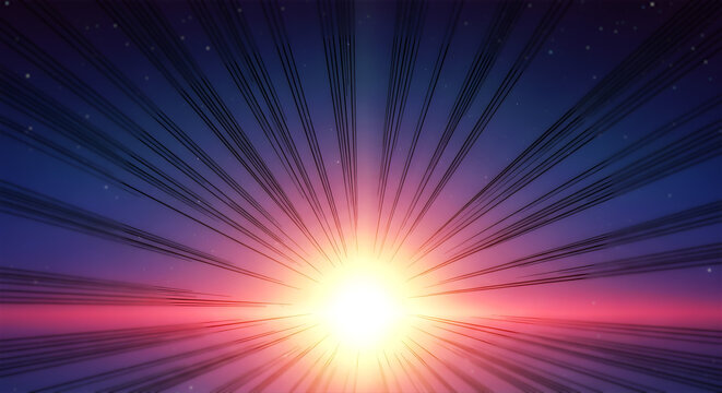 暁の空に放射状に広がる眩しい光線 幻想的なサンバースト背景 成功や希望のイメージ