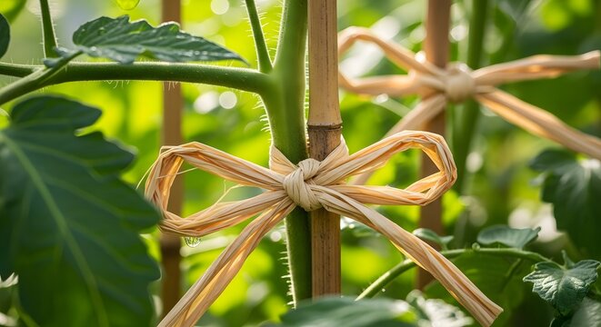 Tomato plant stem supported with raffia tie during growth in garden