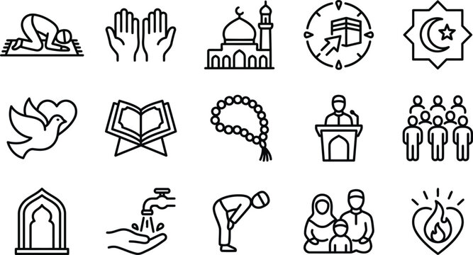 Islamic worship and community web icons in line style. Prayer, mosque, Quran, Muslim, editable stroke, outline icon collection. Vector illustration.