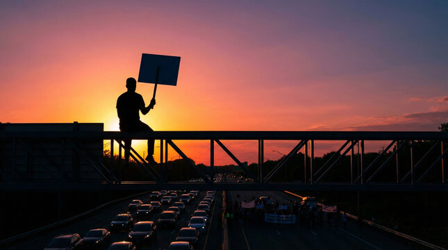 Silhouette of climate activist holding sign on bridge, creating blockade over busy highway at sunset with vibrant orange and purple sky