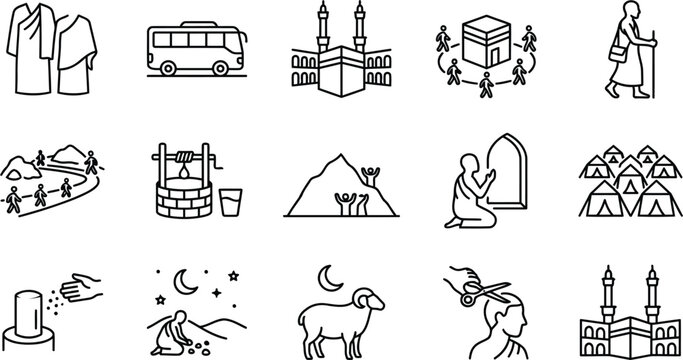 Hajj pilgrimage and Islamic rituals web icons in line style. Kaaba, Ihram, Tawaf, Sa&rsquo;i, sacrifice, editable stroke, outline icon collection. Vector illustration.
