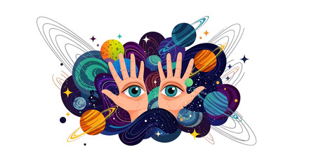 Hands with eyes and planets around. © Donok