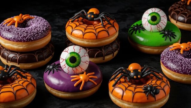 A close-up of assorted Halloween-themed donuts with spider web and eyeball designs