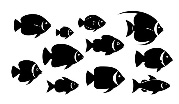 Black fish silhouettes vector aquatic simple shapes isolated on white