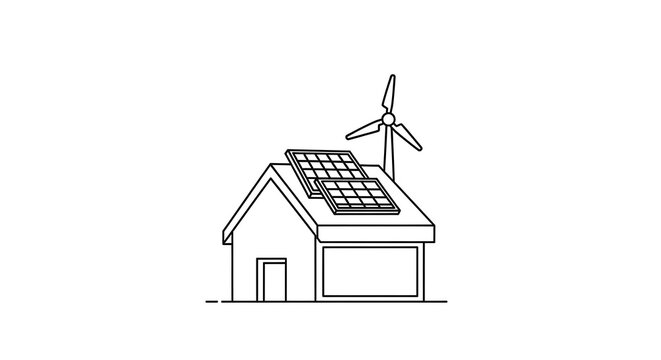 Illustration of a house with solar panels and a wind turbine on the roof, symbolizing renewable energy and sustainable living